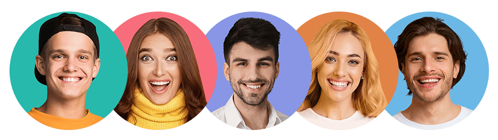Five young adults, each in a colorful circular frame, are smiling at the camera. Their backgrounds are teal, pink, blue, orange, and light blue, showing diversity in hair color and style.