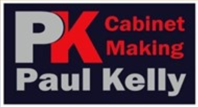 Logo for Paul Kelly Cabinet Making with large grey and red PK initials on a dark background. The words Cabinet Making appear in red, and Paul Kelly is in grey underneath.